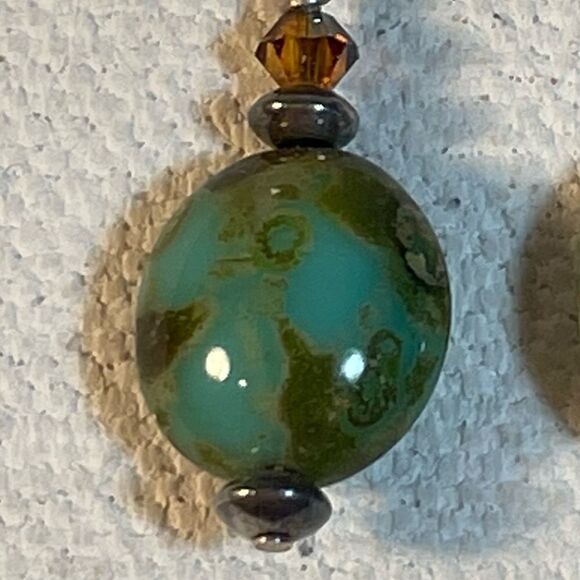 Sterling, green tortoise, hematite and Swarovski Crystal drop earrings - Picture 6 of 8